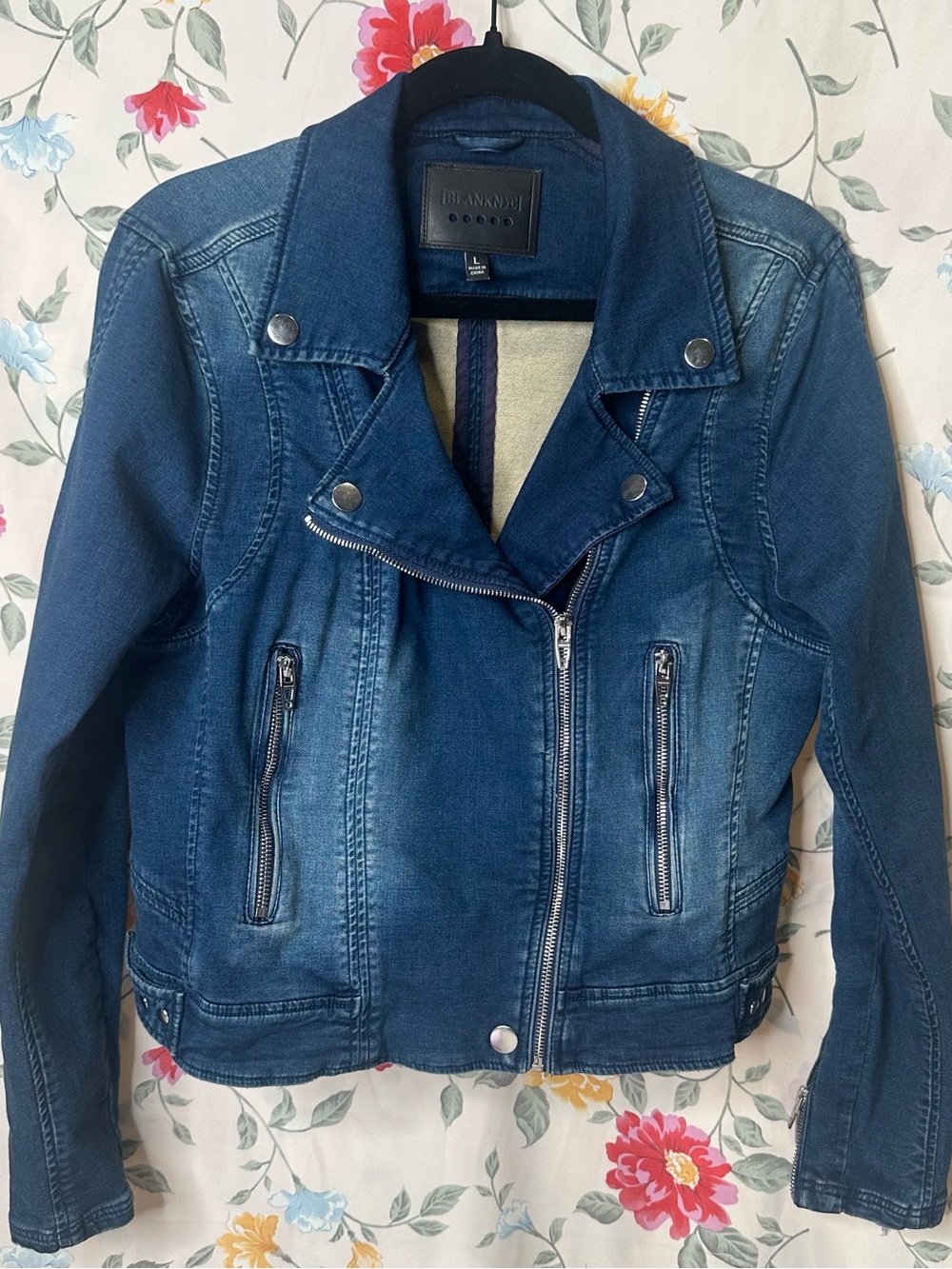 BLANK NYC |  Dark Blue Denim Moto Jacket with Zip Pockets | Women’s Size L